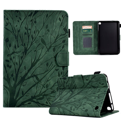Green PU tablet case with tree pattern, flip cover, card slots, and viewing stand