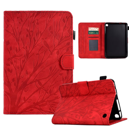 Red PU tablet case with tree pattern, flip cover, card slots, and stand