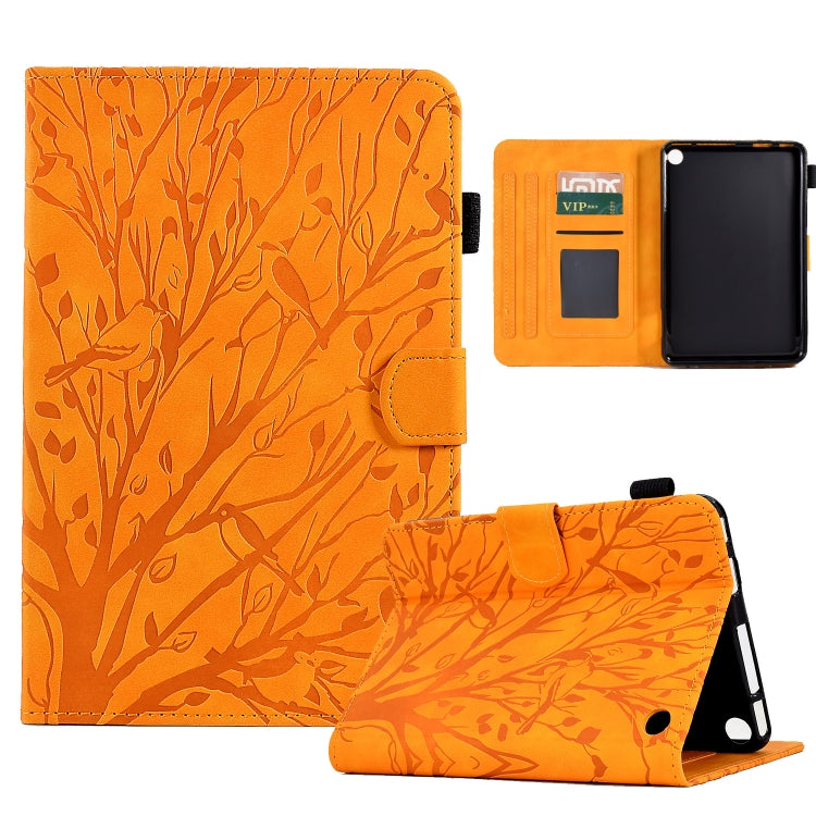 Orange PU tablet case with tree pattern, flip cover, card slots, and stand