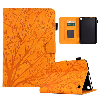 Orange PU tablet case with tree pattern, flip cover, card slots, and stand