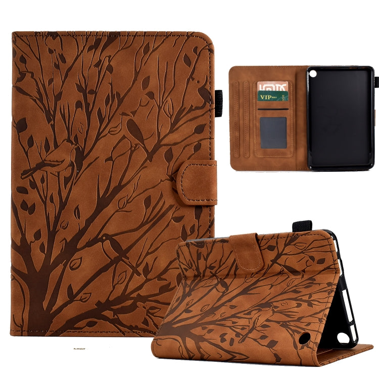 Brown PU tablet case with tree pattern, flip cover, card slots, and kickstand