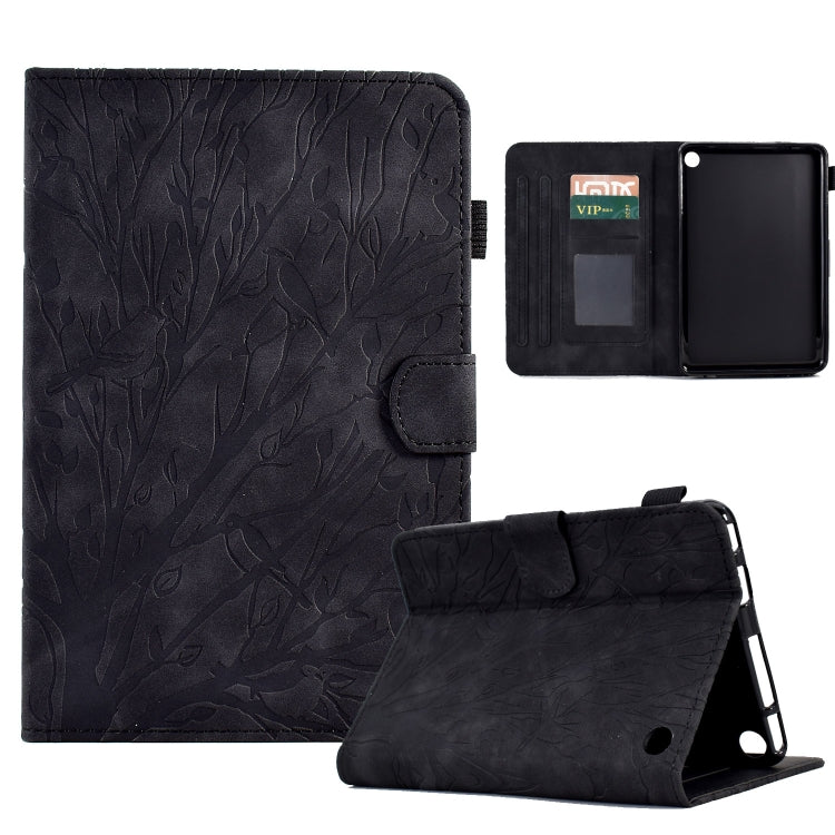 Black PU tablet case with tree pattern, flip cover, card slots, and kickstand