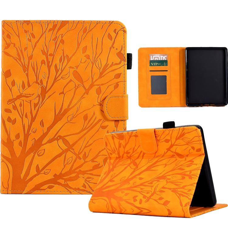 Orange PU tablet case with tree branch pattern, flip cover and built-in stand