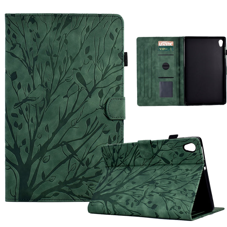 Green folio tablet case with tree branch pattern, stand view and card slots