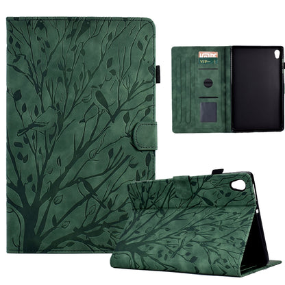 Green folio tablet case with tree branch pattern, stand view and card slots