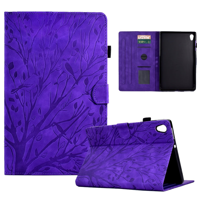 Purple folio tablet case with tree branch pattern, stand view and card slots
