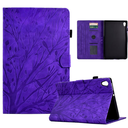 Purple folio tablet case with tree branch pattern, stand view and card slots