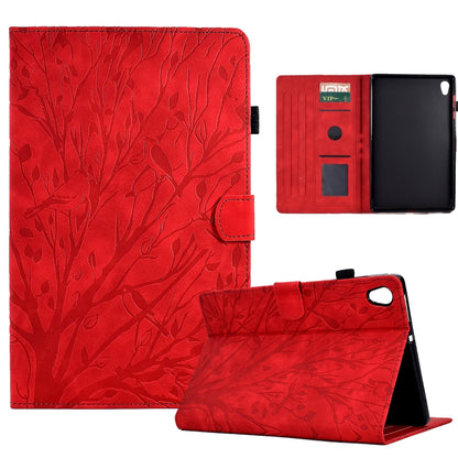 Red folio tablet case with tree branch pattern, stand view and card slots