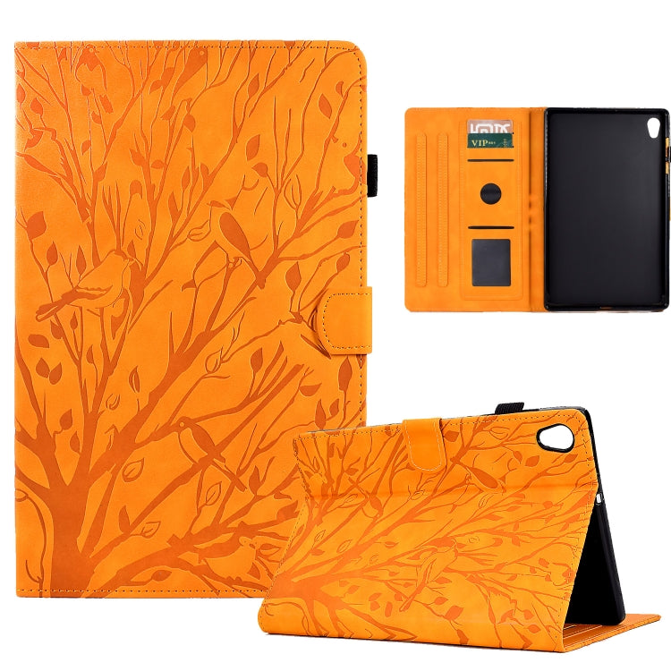 Orange folio tablet case with tree branch pattern, stand view and card slots