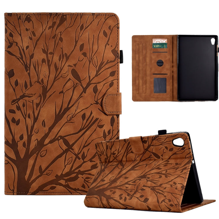 Brown folio tablet case with tree branch pattern, stand view and card slots