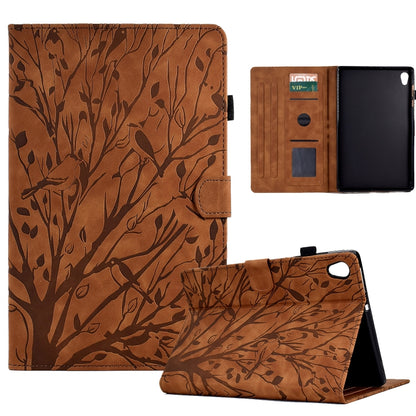 Brown folio tablet case with tree branch pattern, stand view and card slots
