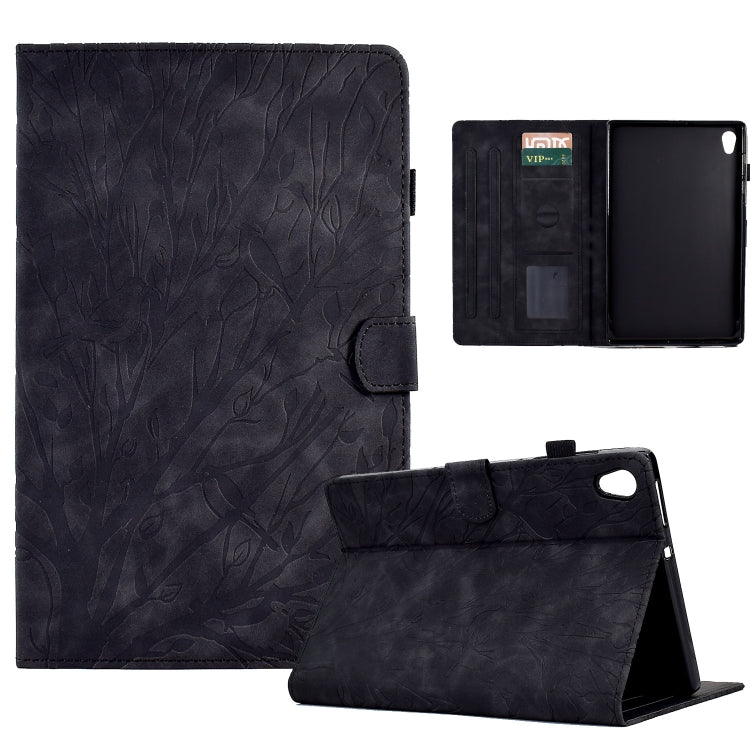 Black folio tablet case with tree branch pattern, stand view and card slots