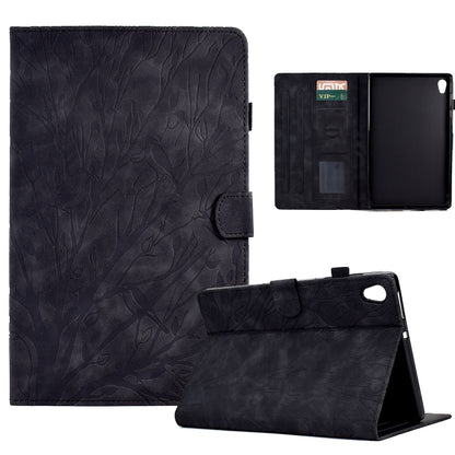 Black folio tablet case with tree branch pattern, stand view and card slots