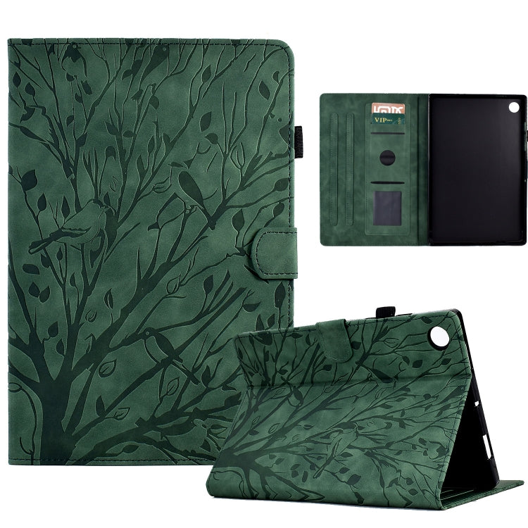 Green folio tablet case with tree branch pattern, open front with card pocket