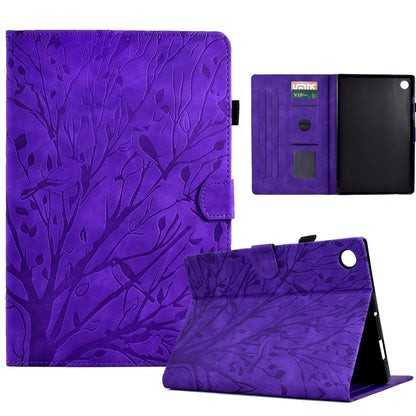 Purple folio tablet case with tree branch pattern, open front with card pocket