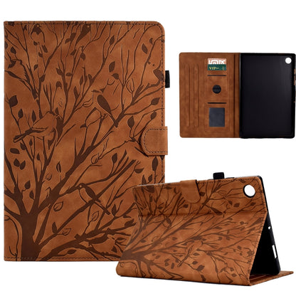 Brown tree-branch PU tablet folio case with stand, card slots, and wake/sleep cover