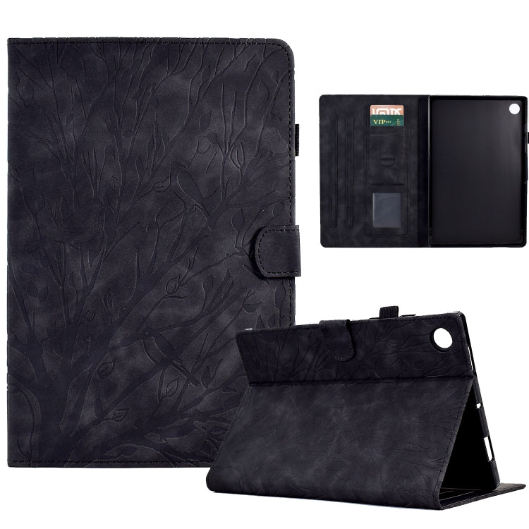 Dark blue tree-texture PU tablet folio case with stand, card slots, and wake/sleep cover