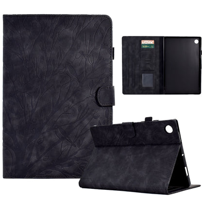 Dark blue tree-texture PU tablet folio case with stand, card slots, and wake/sleep cover