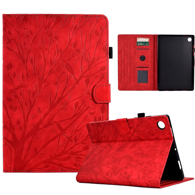 Red leaf-pattern PU tablet folio case with stand, card slots, and wake/sleep cover