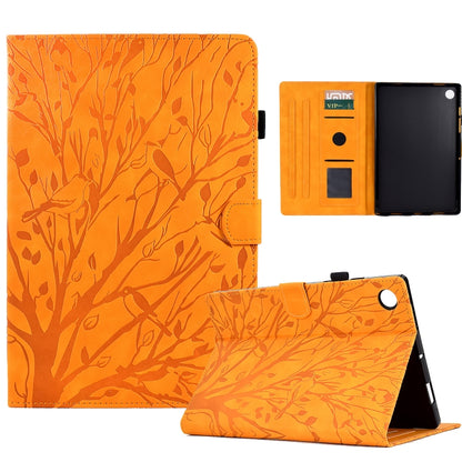 Orange leaf-pattern PU tablet folio case with stand, card slots, and wake/sleep cover