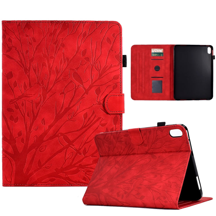 Red tablet case with embossed leaf pattern, folio stand and card slot, wake-sleep cover.