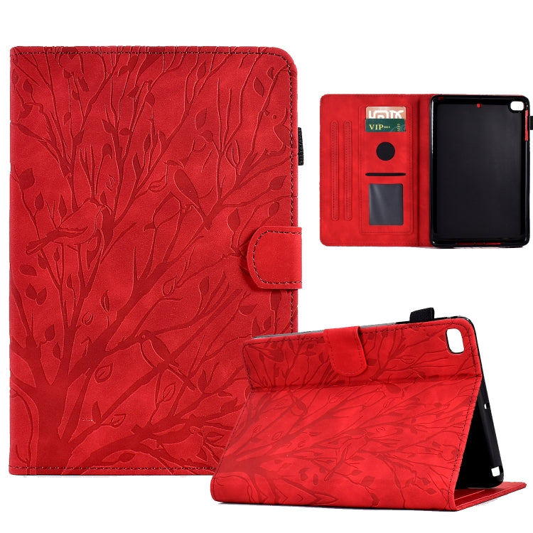 Red tablet case with embossed leaf pattern, folio stand and card slot, wake-sleep cover.