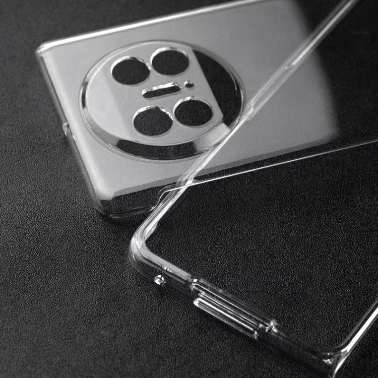 Transparent PC phone case close-up with circular camera cutout and openings