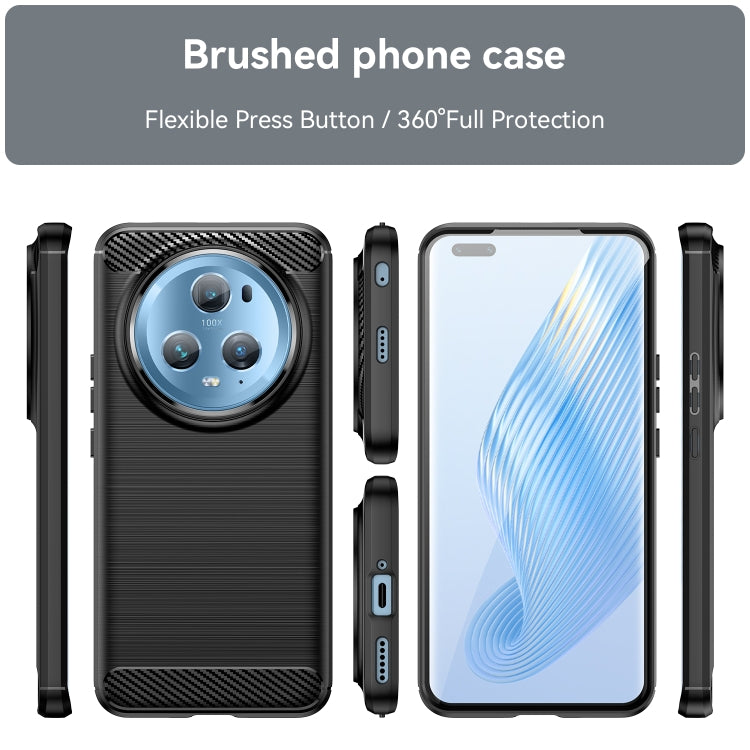 Black brushed carbon-fiber TPU phone case, front and side views