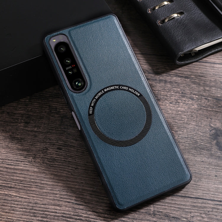 Blue textured PU phone case with MagSafe magnetic card holder and camera cutouts
