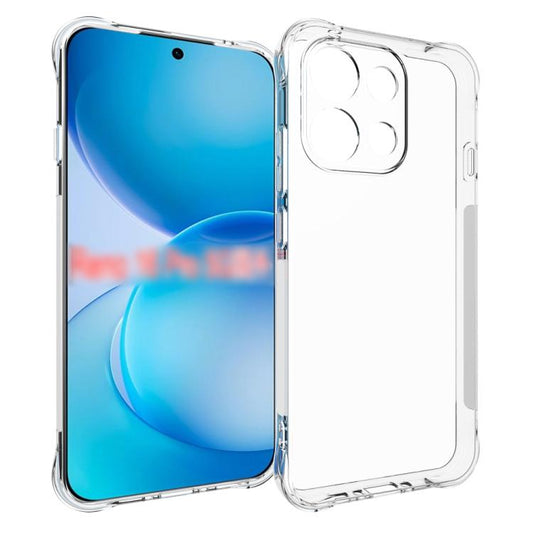 Clear TPU smartphone case with shockproof corner guards and camera cutout openings.
