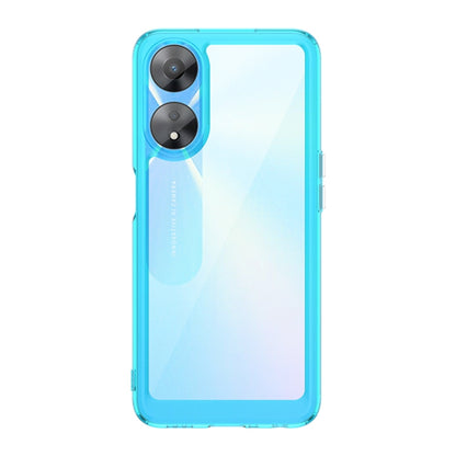 Blue transparent phone case with dual camera cutout and raised screen edges