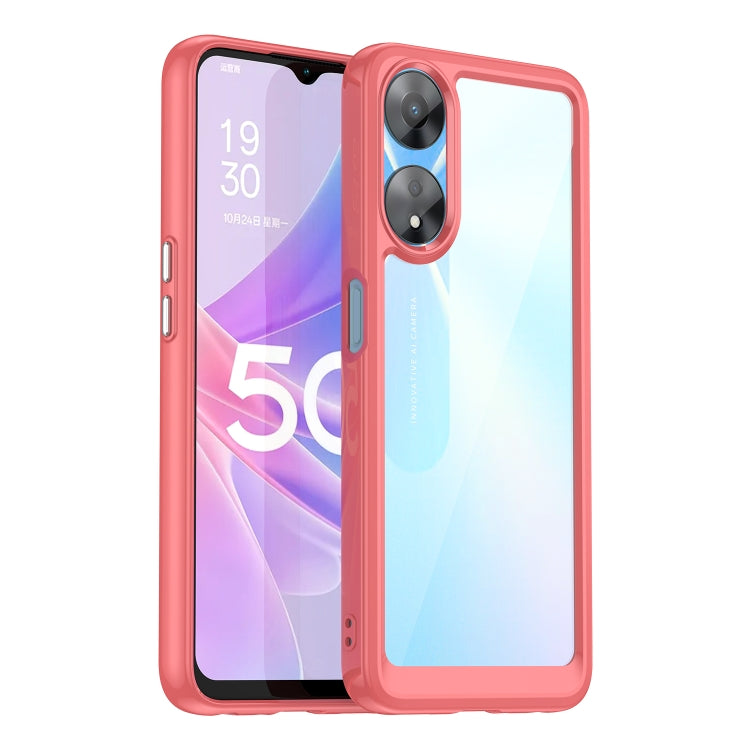 Clear back with red bumper phone case and dual camera cutout.