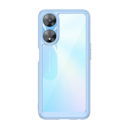 Light blue transparent phone case with dual camera cutout and raised screen edges
