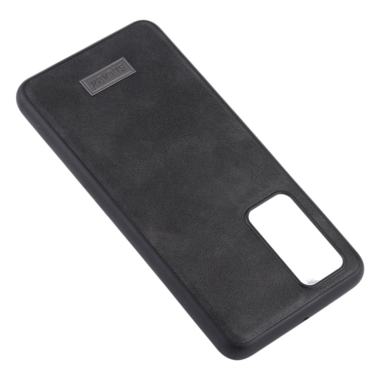 Black leather-style phone case with camera cutouts and side cutout window