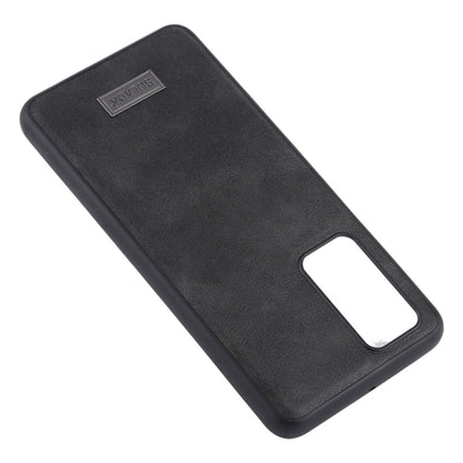 Black leather-style phone case with camera cutouts and side cutout window