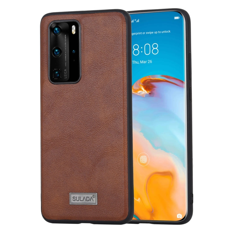 Brown protective phone case with black TPU bumper edges, camera cutouts, SULADA badge.
