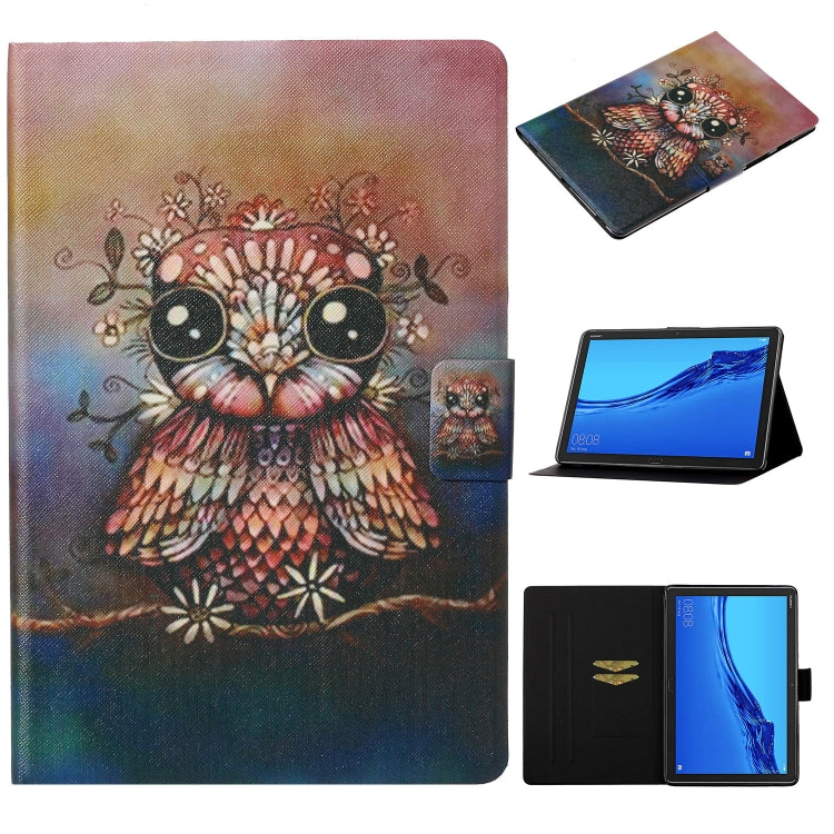 Folio leather case with colorful owl pattern, card slot, and stand for tablet