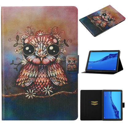 Folio leather case with colorful owl pattern, card slot, and stand for tablet