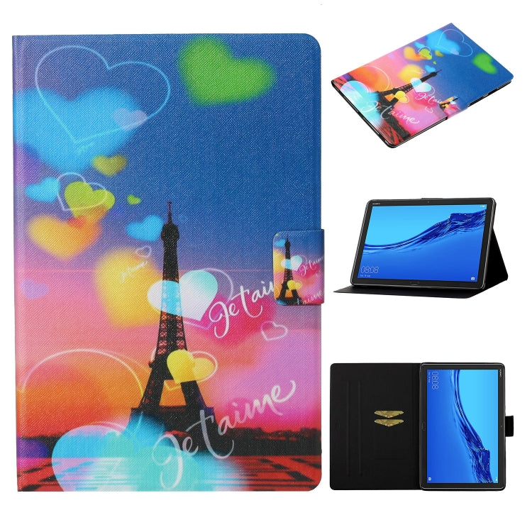 Folio leather case with Eiffel Tower and heart pattern, card slot, tablet stand