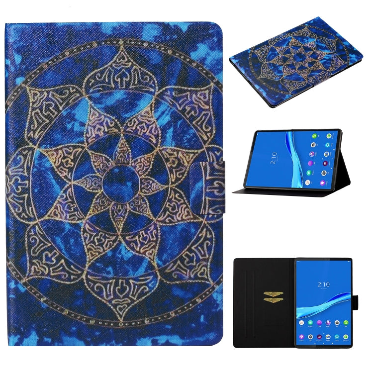 Folio leather case with blue gold mandala pattern, card slot, and tablet stand