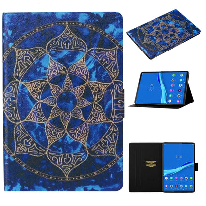 Folio leather case with blue gold mandala pattern, card slot, and tablet stand
