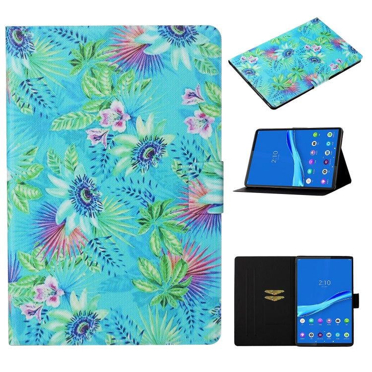 Folio leather case with tropical leaves and flowers print, card slot, and tablet stand