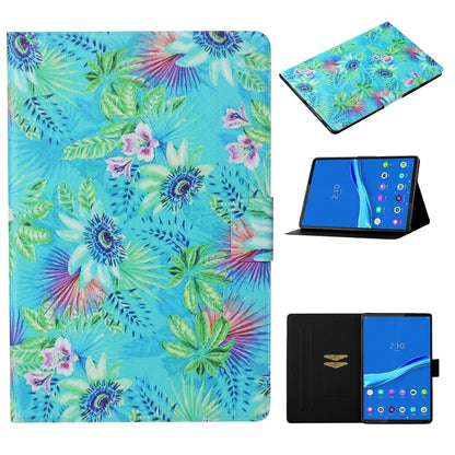 Folio leather case with tropical leaves and flowers print, card slot, and tablet stand