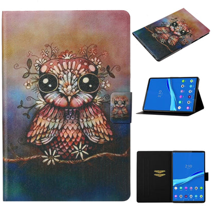 Folio leather case with colorful owl artwork, card slot, and tablet stand