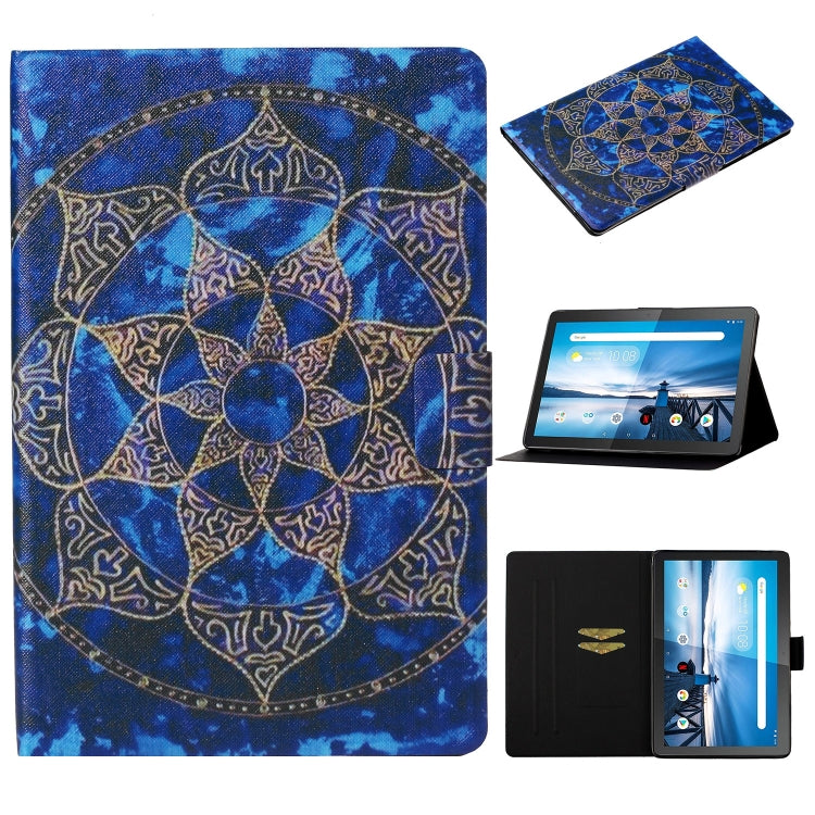 Folio leather case with blue mandala pattern, card slot, and tablet stand