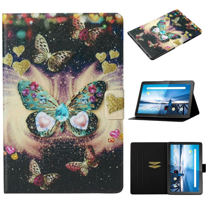 Tablet flip case with colorful butterfly and heart pattern, with viewing stand