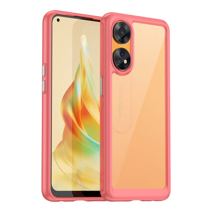 Red phone case for OPPO Reno8 T 4G with dual camera cutouts and raised corners