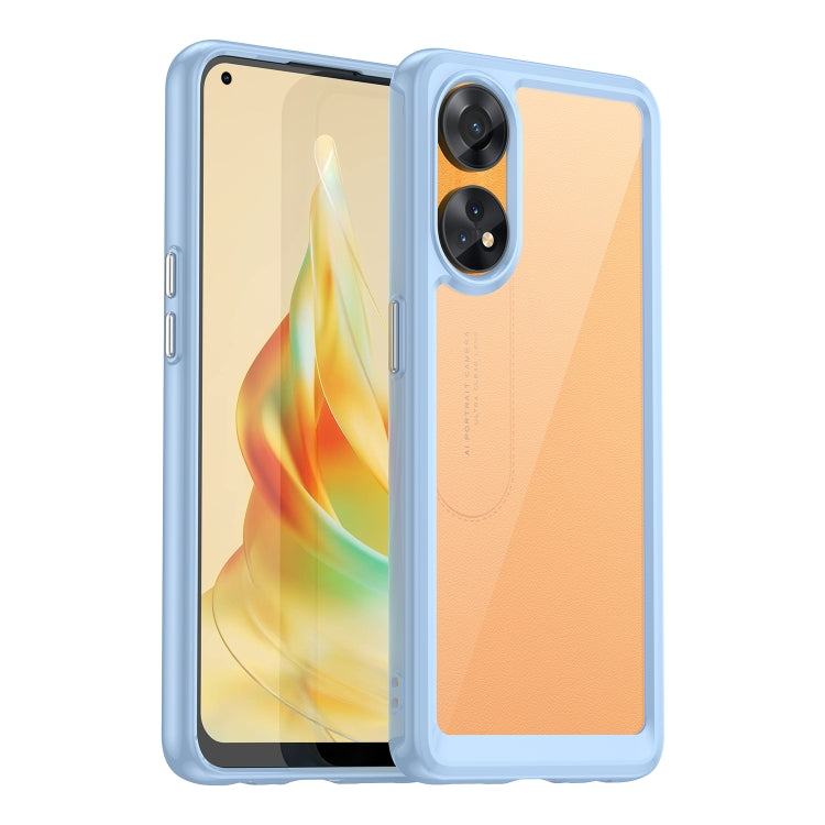 Light blue phone case for OPPO Reno8 T 4G with dual camera cutouts and raised edges