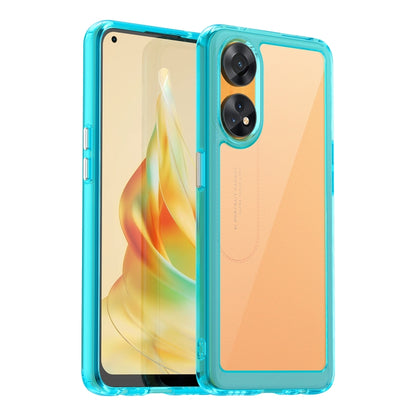 Transparent blue phone case for OPPO Reno8 T 4G with dual camera cutout and bumper