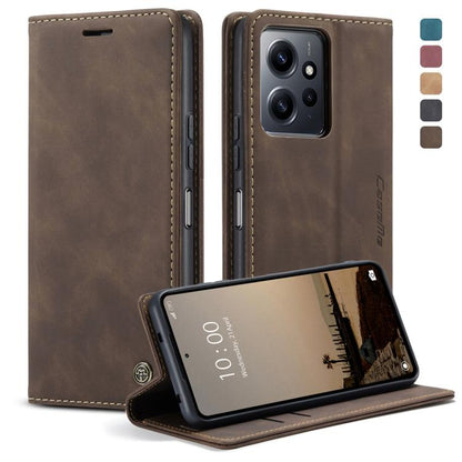 Brown leather horizontal flip phone case with stitched edges and side cutouts